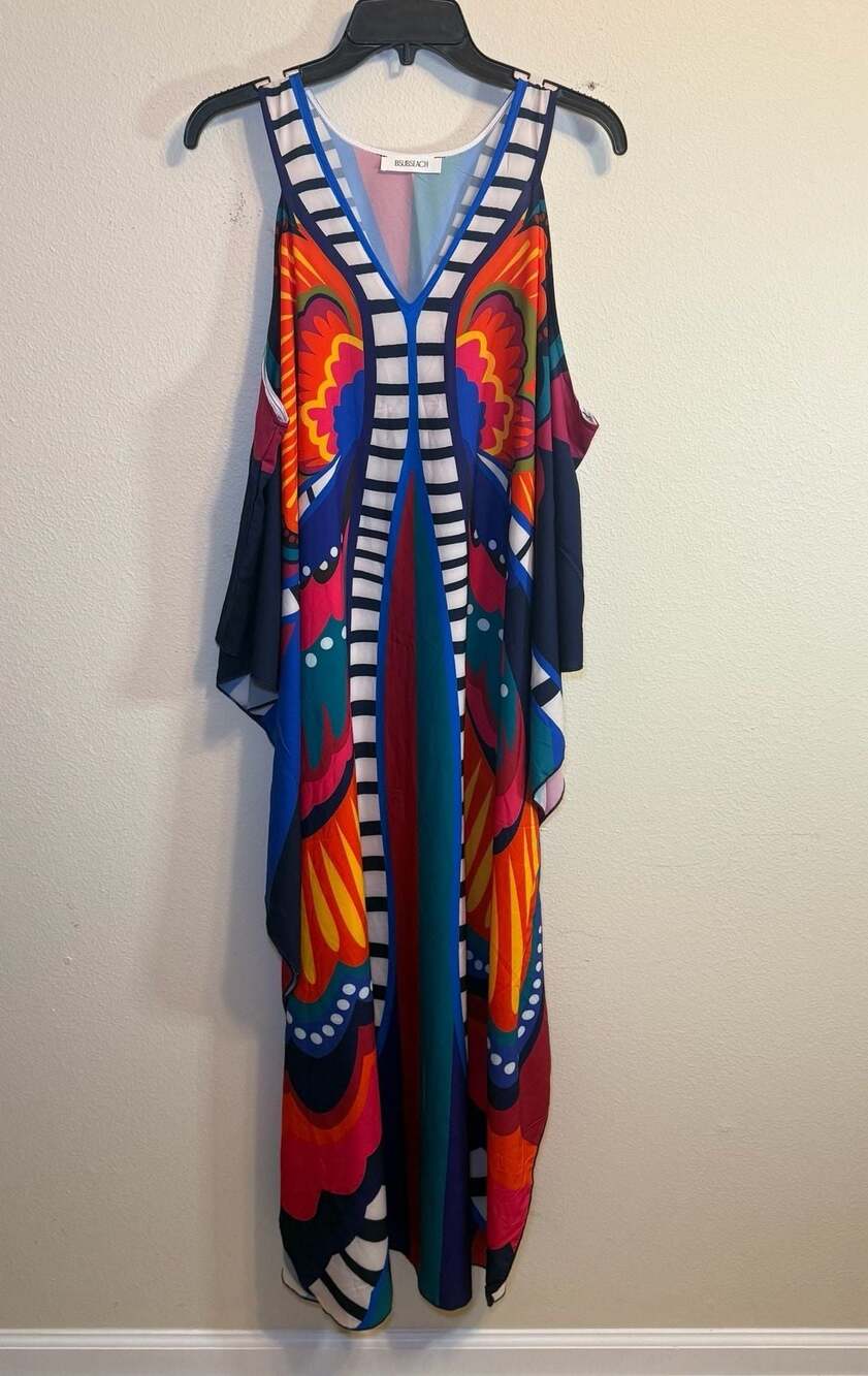 Bsubseach Butterfly Print Cold Shoulder Kaftan Beach Cover Up Dress One Size